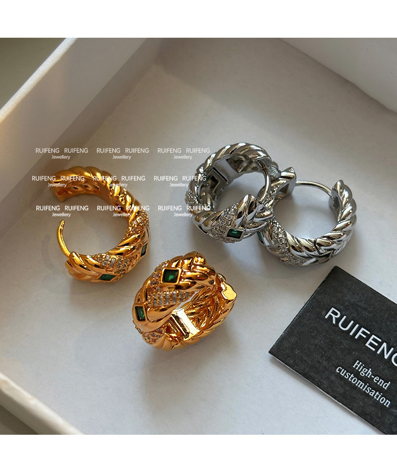 Elegant Green Zircon Diamond Metal Rhombus Pattern Women's Hoop Earrings French Vintage Style High Fashion Luxury Ear Jewelry
