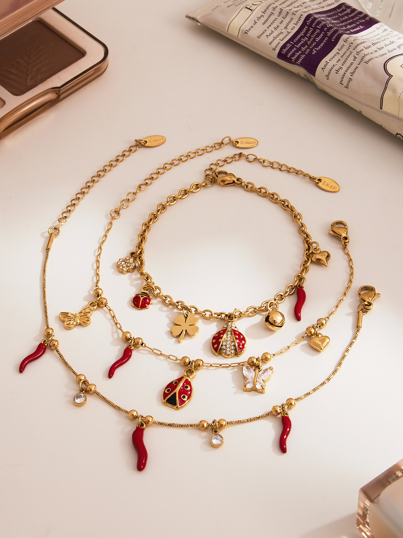 Elegant Enamel Insect DIY Necklace Bracelet Set Stainless Steel Fashion Simple Style Titanium Steel Chain Suitable For Women