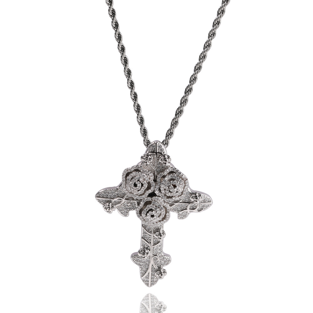 Fashion Style Rose Cross Zircon Pendant Twisted Chain Necklace Unisex Couple Accessories Geometric Pattern Copper Material
