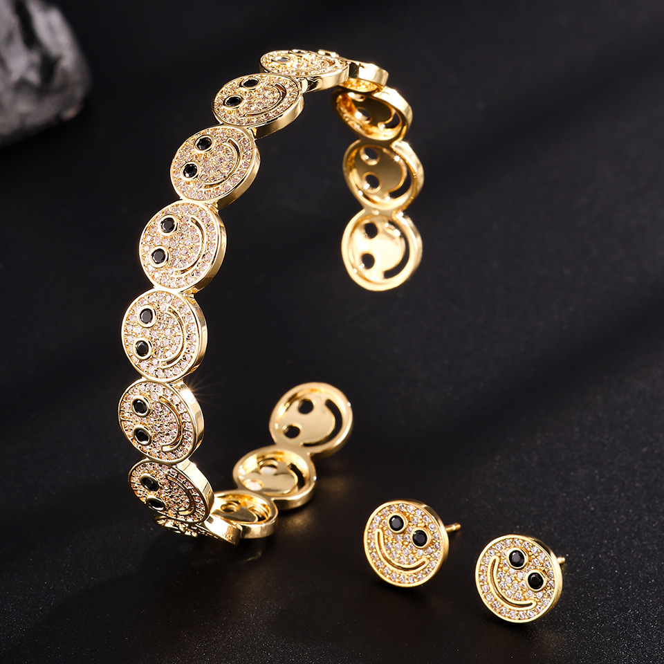 Elegant Smiling Face Micro-Paved Diamond Fashion Open Hand Bracelet Ring Set Versatile Zircon Match All Yellow Copper OL Style