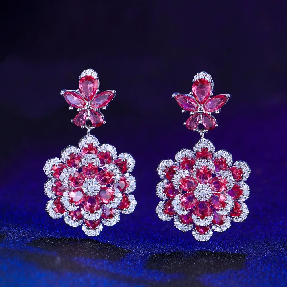 1 Pair Of Copper Double-Layer Floral Earrings, Three-Dimensional Red Zircon Earrings, Fashionable And Elegant, Suitable For Women To Wear On Dates And Weddings