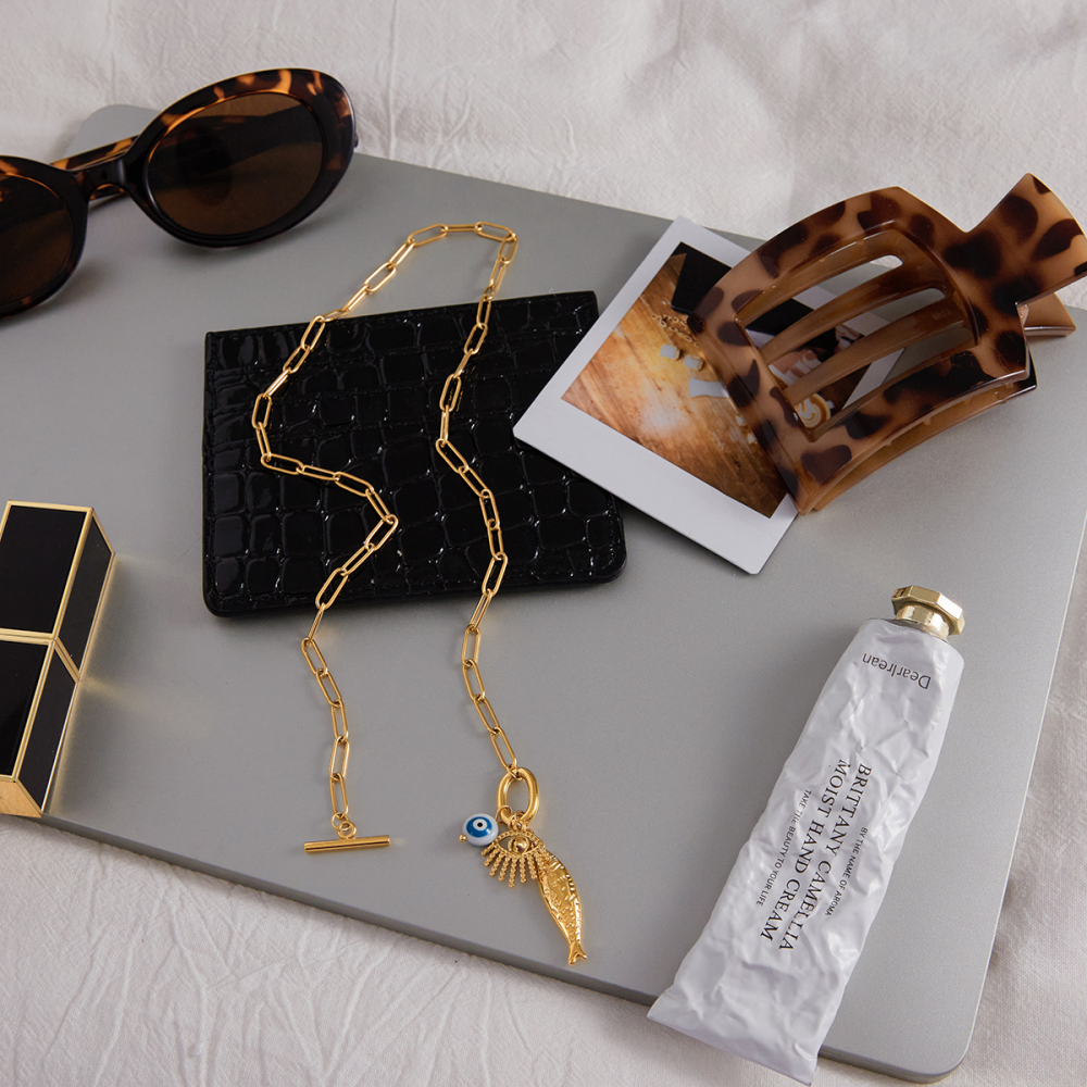 Women's Classic Style 18K Gold Stainless Steel + Resin + Rhinestone Devil's Eye With White Rhinestone + Fish With White Diamond + Resin Devil's Eye Pendant OT Clasp Necklace 45CM