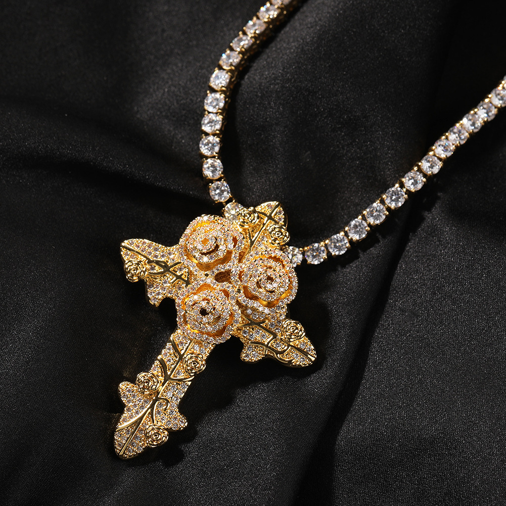 Fashion Style Rose Cross Zircon Pendant Twisted Chain Necklace Unisex Couple Accessories Geometric Pattern Copper Material