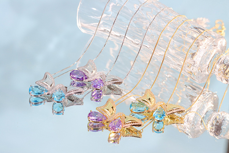Butterfly Wing Half-and-Half Gold Plated Brass Purple Necklace Earring Set Elegant Dynamic Combination Fashion Jewelry