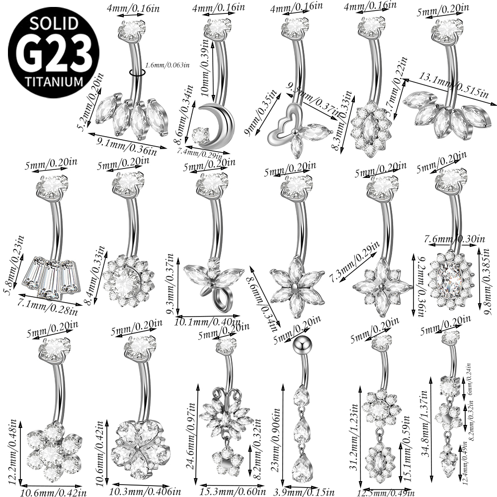 Titanium Navel Piercing Belly Button Ring Moon Zircon Heart Shaped Flower Butterfly Pendant Body Piercing Jewelry Accessories