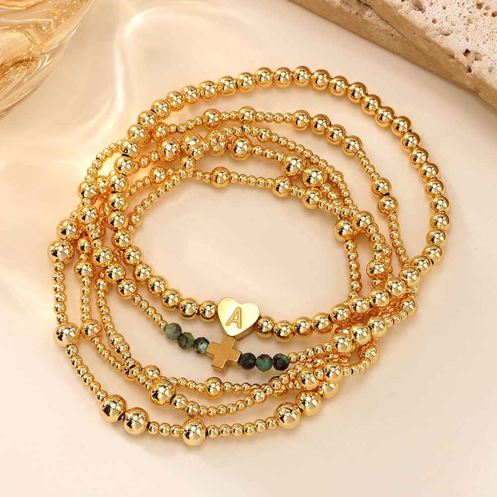 Luxurious Golden Heart Letter African Copper Beads Bracelet Set Of Five Facet Cut Loose Women's Fashion Jewelry Accessories