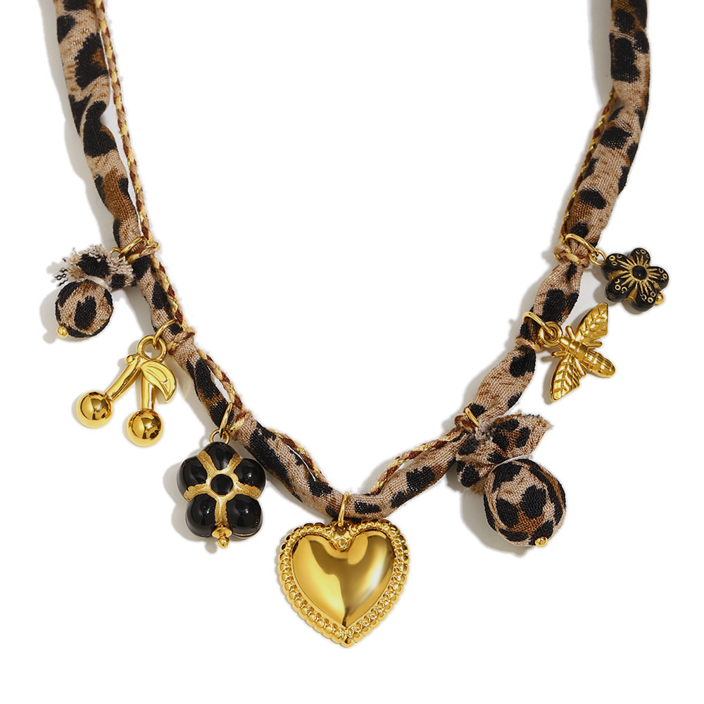 Geometric Leopard Print Tassel Bowknot Shell Heart Pendant 304 Stainless Steel Polyester Multi-Chain Women's Luxurious Fall Winter Accessories