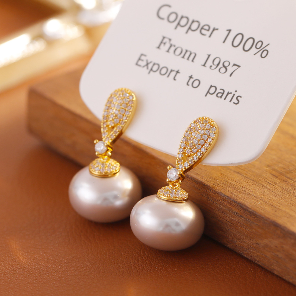 French Luxurious Sparkling Diamond Embedded Pearl Earrings Fashionable High-End Elegant Trendy Jewelry Accessories For Women