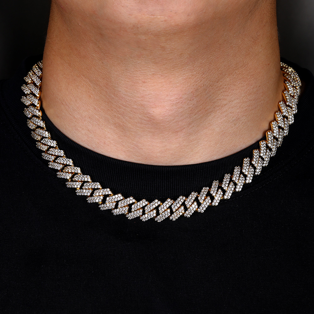 Water Plated Real Gold Electroplated 18K Real Gold Geometric Pattern Copper Heavy Processing Necklace Inlaid With Zircon Cuban Style Diamond Shape Men's Hip Hop Trendy Jewelry Accessories
