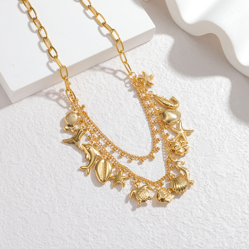 Women Stainless Steel Double Layer Tassel Necklace 18K Gold Starfish Pendant Sweater Chain Jewelry Accessories