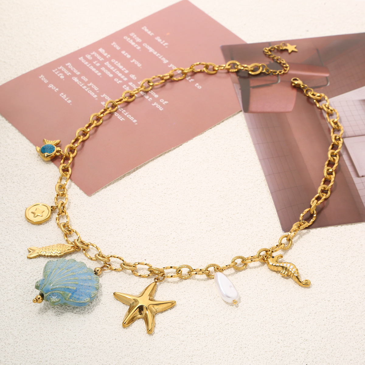 Waterproof Stainless Steel Fan Shell Necklace Women's Vacation Beach Holiday Starfish Pendant High-End Feeling Jewelry