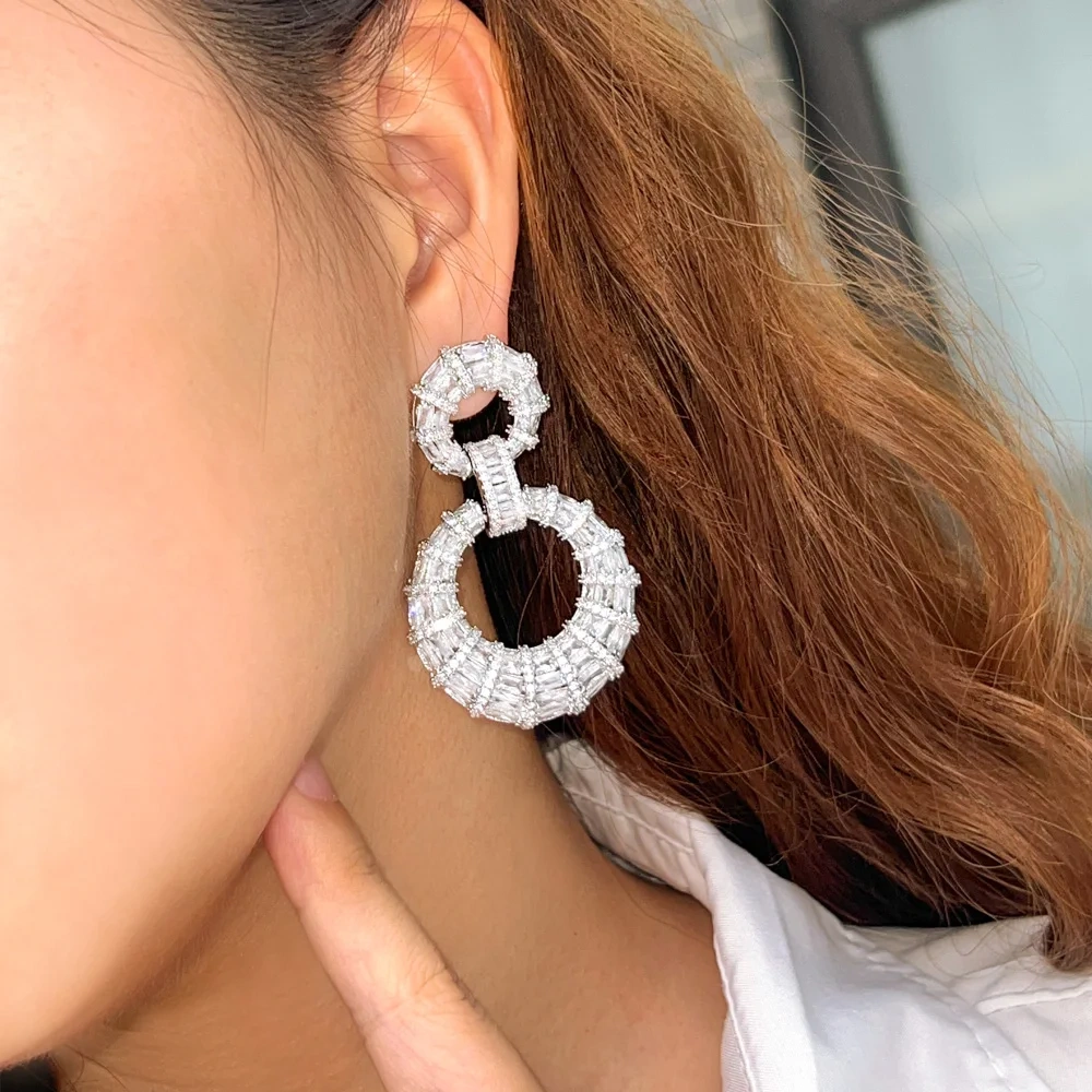 Copper Style Earrings Women Plated White Gold Thick Long Large Round Hoop Dangle Earrings Luxury Zircon Bridal Wedding Jewelry Accessories
