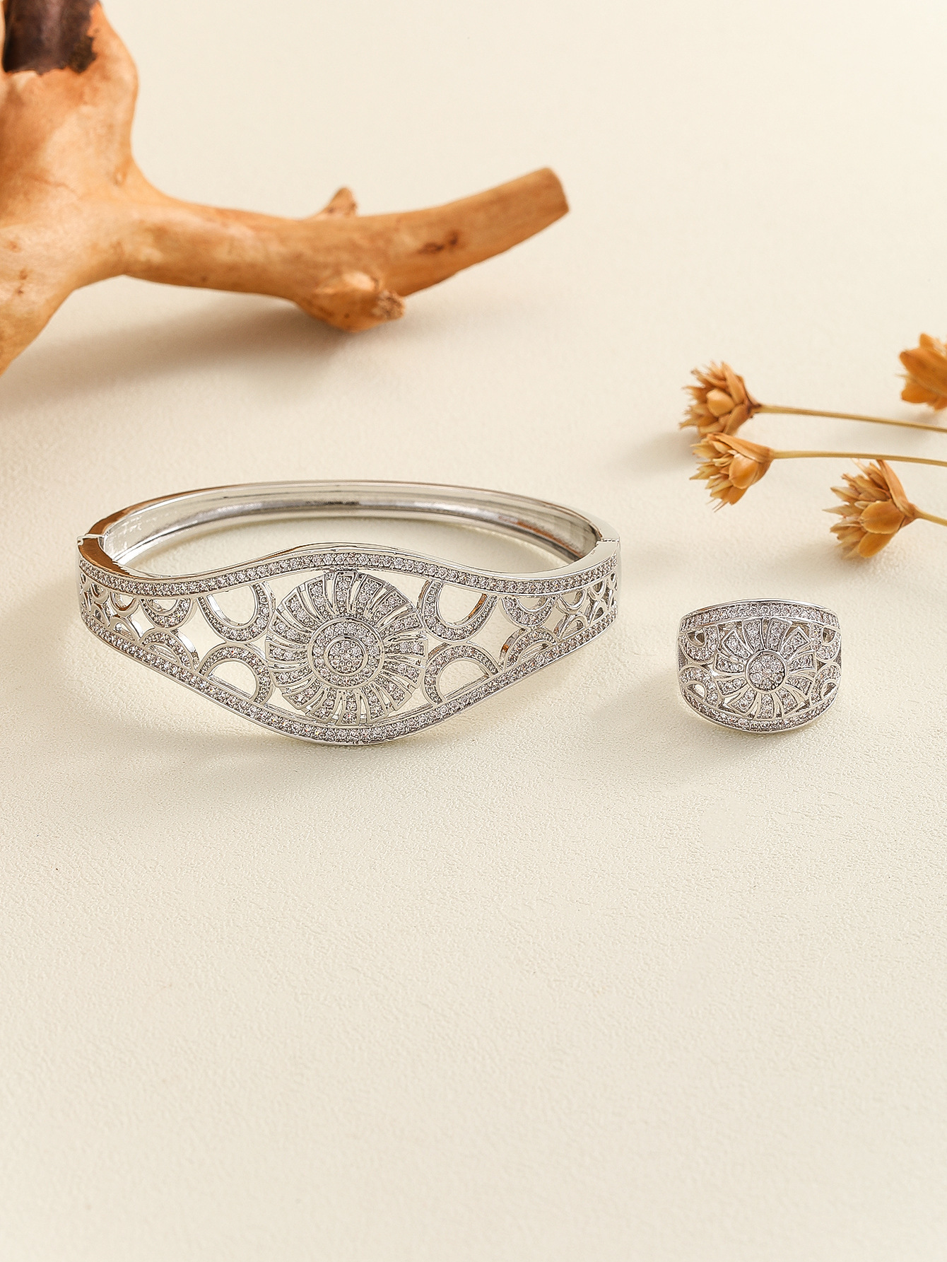 Exclusive New Dongdaemun Women's Middle Eastern Style Micro-Inlaid Hollow Pattern Series Bracelet And Ring Set
