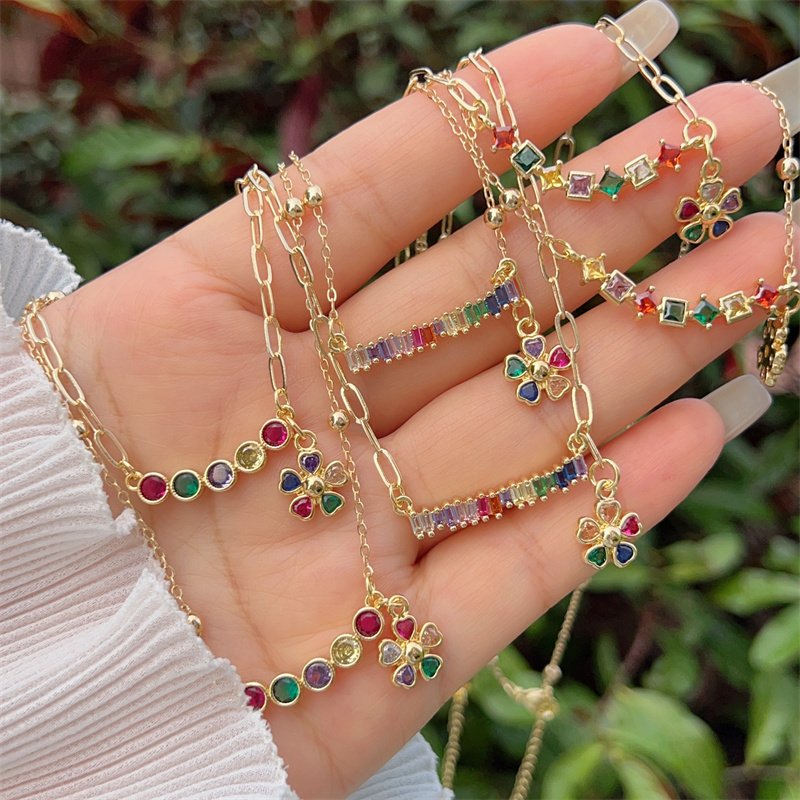 18K Gold Plated Handmade Double Pendant Flower Zircon Necklace Classic Simple Style Daily Wear Gift Copper Pendant Lobster Clasp