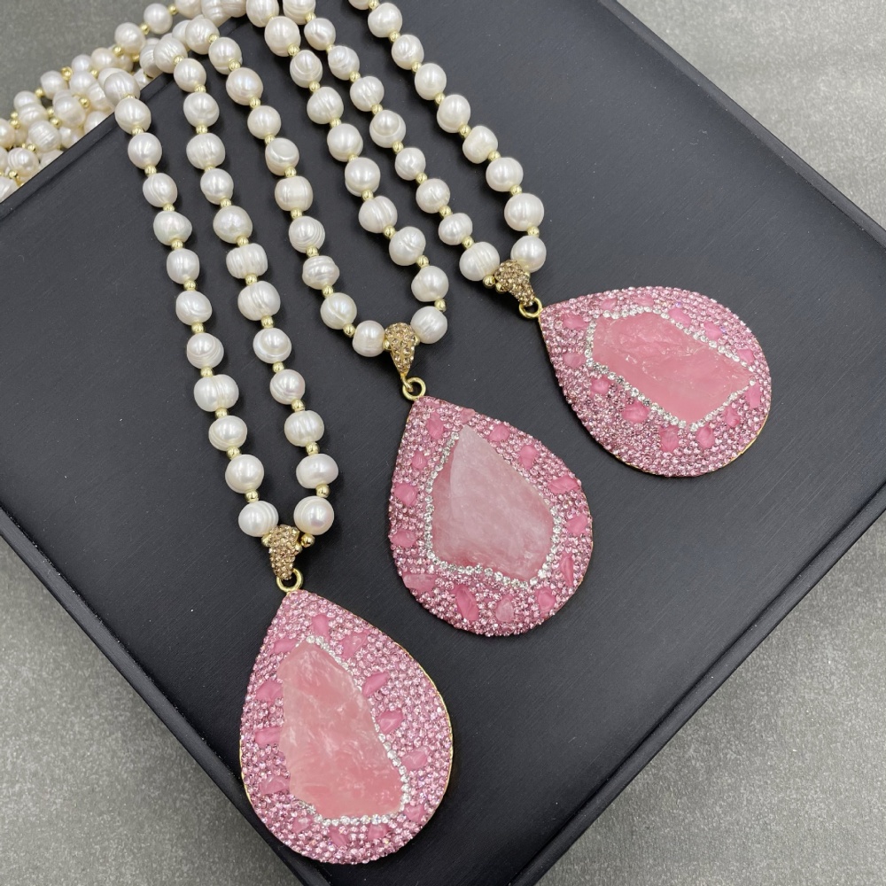 Natural Pearl Original Design Necklace Crystal Powder Gem Czech Drill Sweater Chain Autumn Winter European American Style Jewelry Accessories