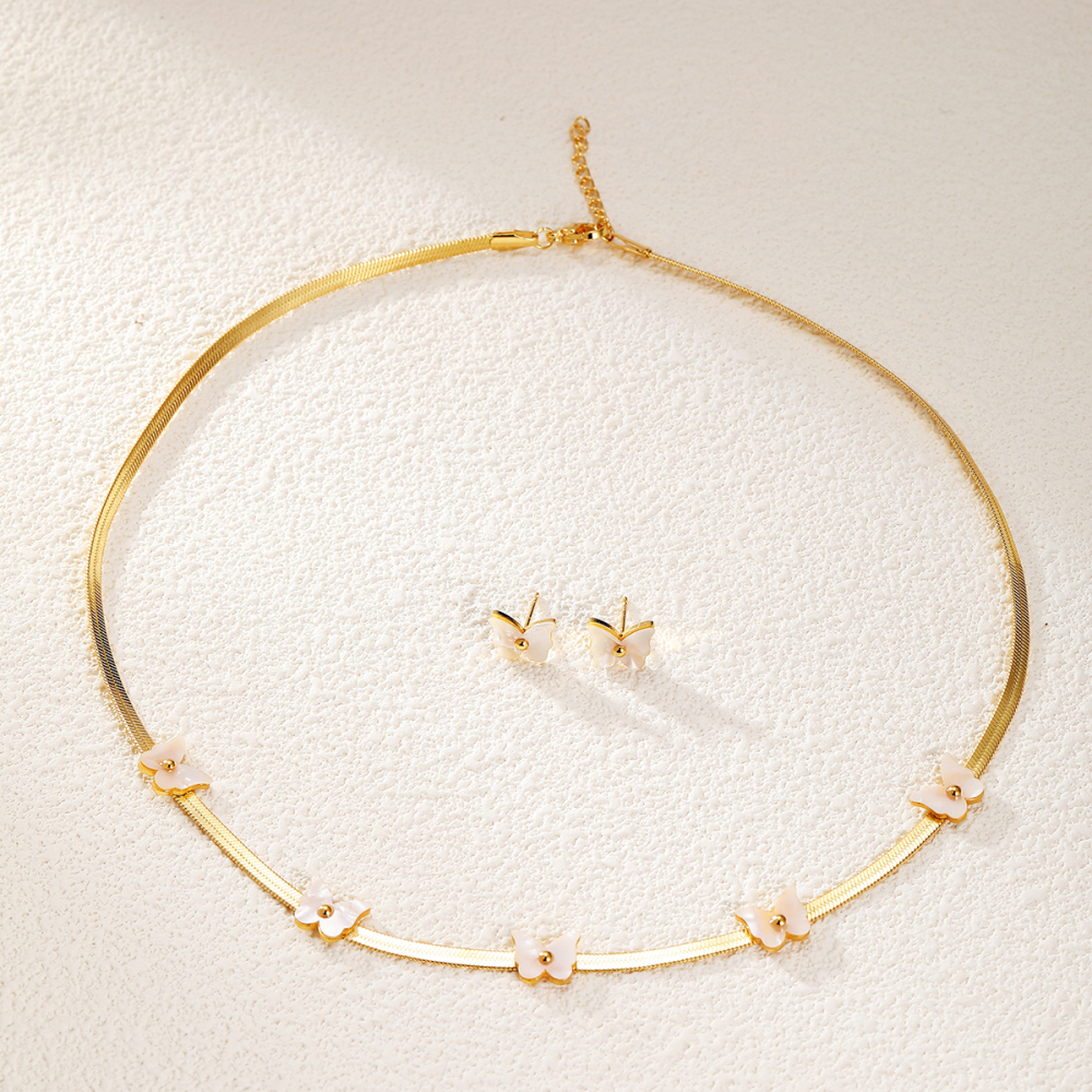 2-Piece Stainless Steel Inlaid Shell French Fresh Elegant Girly Pendant Earrings Butterfly Shape Women's Set Suitable For Daily Commuting Best Friend Gathering Jewelry Accessories