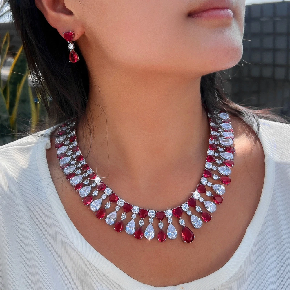 Water Plated White Gold Inlaid Red Cubic Zirconia Water Drop Shape Copper Material Women's Jewelry Set With Safety Clasp Tennis Chain (Full Diamond Chain)
