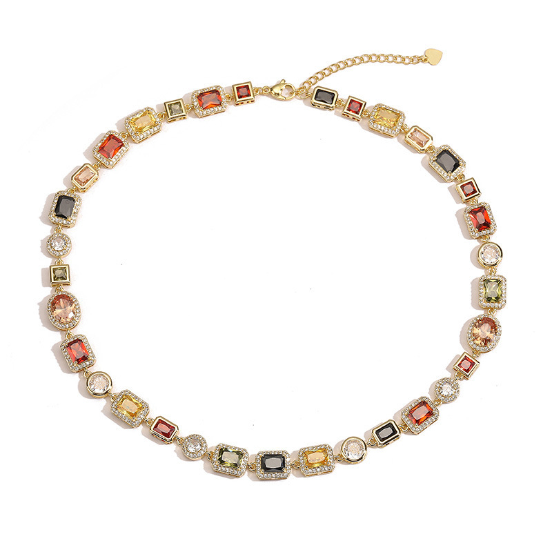 Retro Luxury Geometric Color Diamond Embedding Bracelet Necklace Set Palace Style Fashion Jewelry Accessories For Women