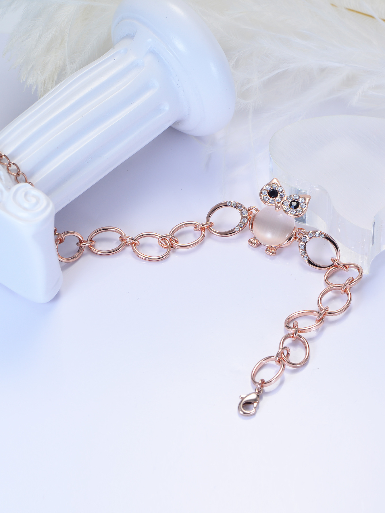 Handmade Rose Gold Cat's Eye Stone Small Animal Cute Moonstone Owl Bracelet Minimalist Style Jewelry For Women Business Occasion