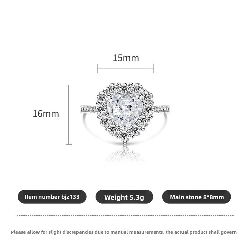 Fashion Heart-shaped Plated Platinum Ring Simple Luxurious Ice Crystal Cut Colored Gemstone High Carbon Diamond Ring Live Streaming Dropshipping