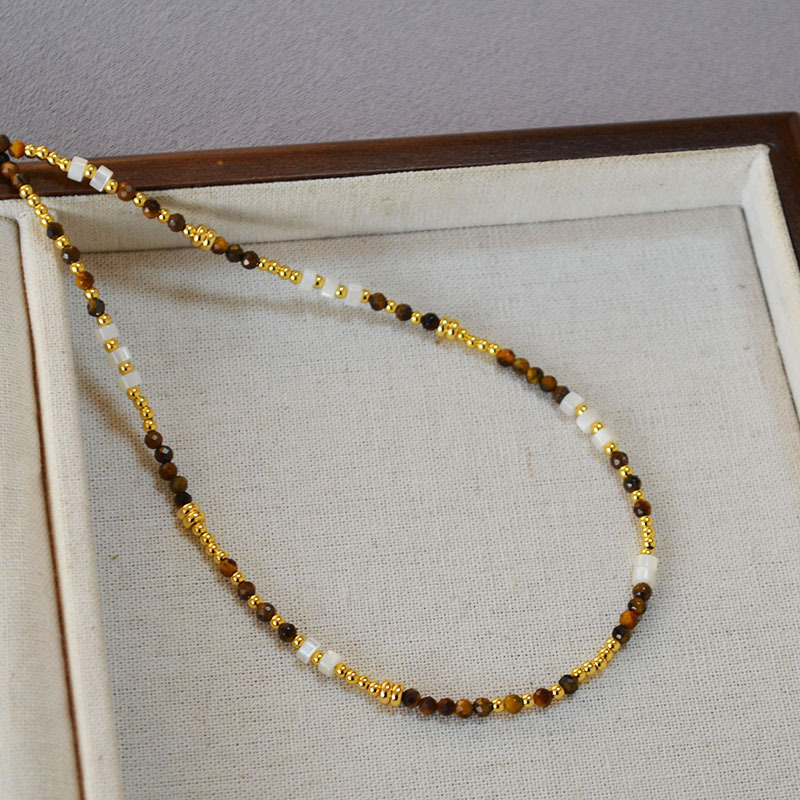 French Vintage Design Shell Beads Tiger Eye Stones Necklace Collarbone Chain Women Simple Elegance Jewelry Accessories