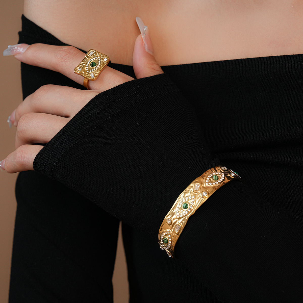 Graceful Turquoise Eye-shaped Open Ring Bracelet For Women Vintage Court Style Geometric Pattern 304 Stainless Steel Inlaid Diamond Hand Jewelry