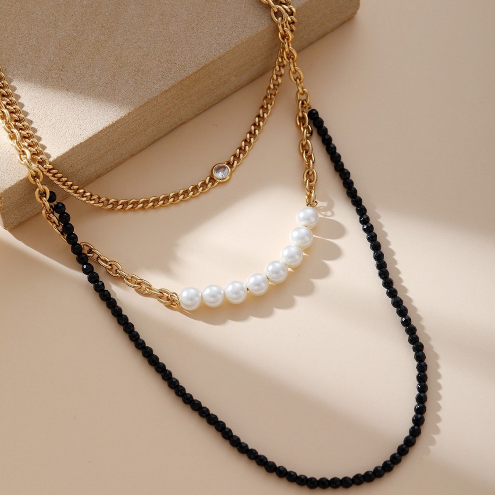 Personalized Design Crystal Imitation Pearl Stitching Titanium Steel Geometric Pattern Women's Necklace Jewelry Accessories