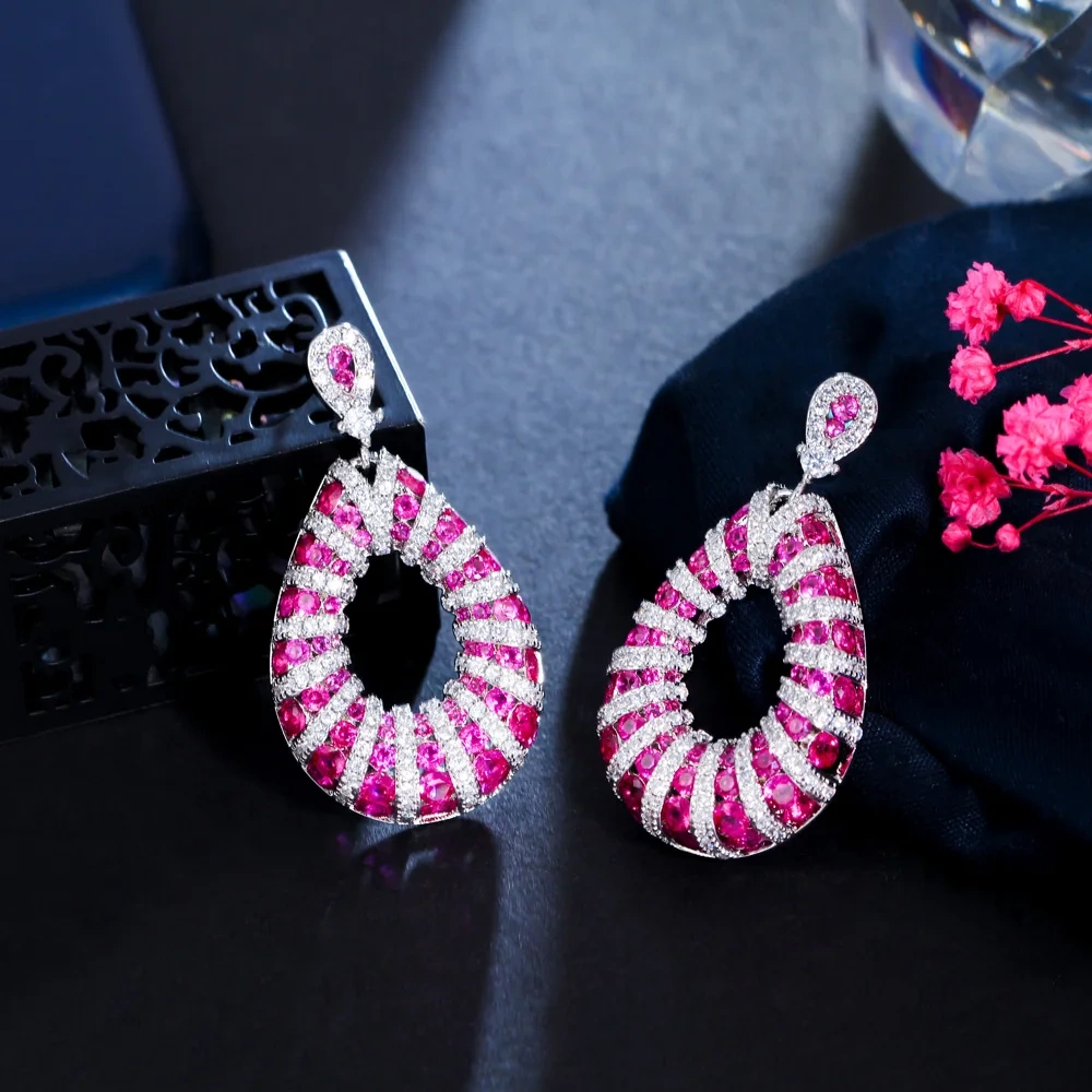 Copper Style Earrings Women Plated White Gold Thick Long Large Round Hoop Dangle Earrings Luxury Zircon Bridal Wedding Jewelry Accessories