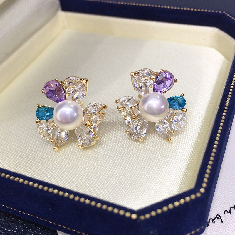 Natural Freshwater Pearl Earrings Women's Colorful Crystal Zircon Flower Pearl Studs Elegant Jewelry Accessories