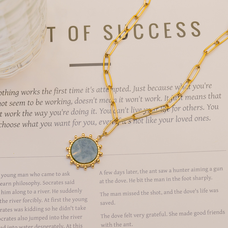 Bohemian Style Gold-Plated Sun 304 Stainless Steel Titanium Steel Necklace Natural Stone Round Pendant Luxurious Simple Women's Jewelry Accessories
