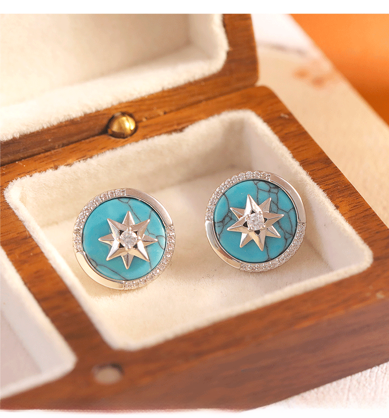 Retro Hong Kong Style Hepburn Turquoise Diamond Embedded Earrings Unique Design Sensation Luxury Fashion Trend New Arrival