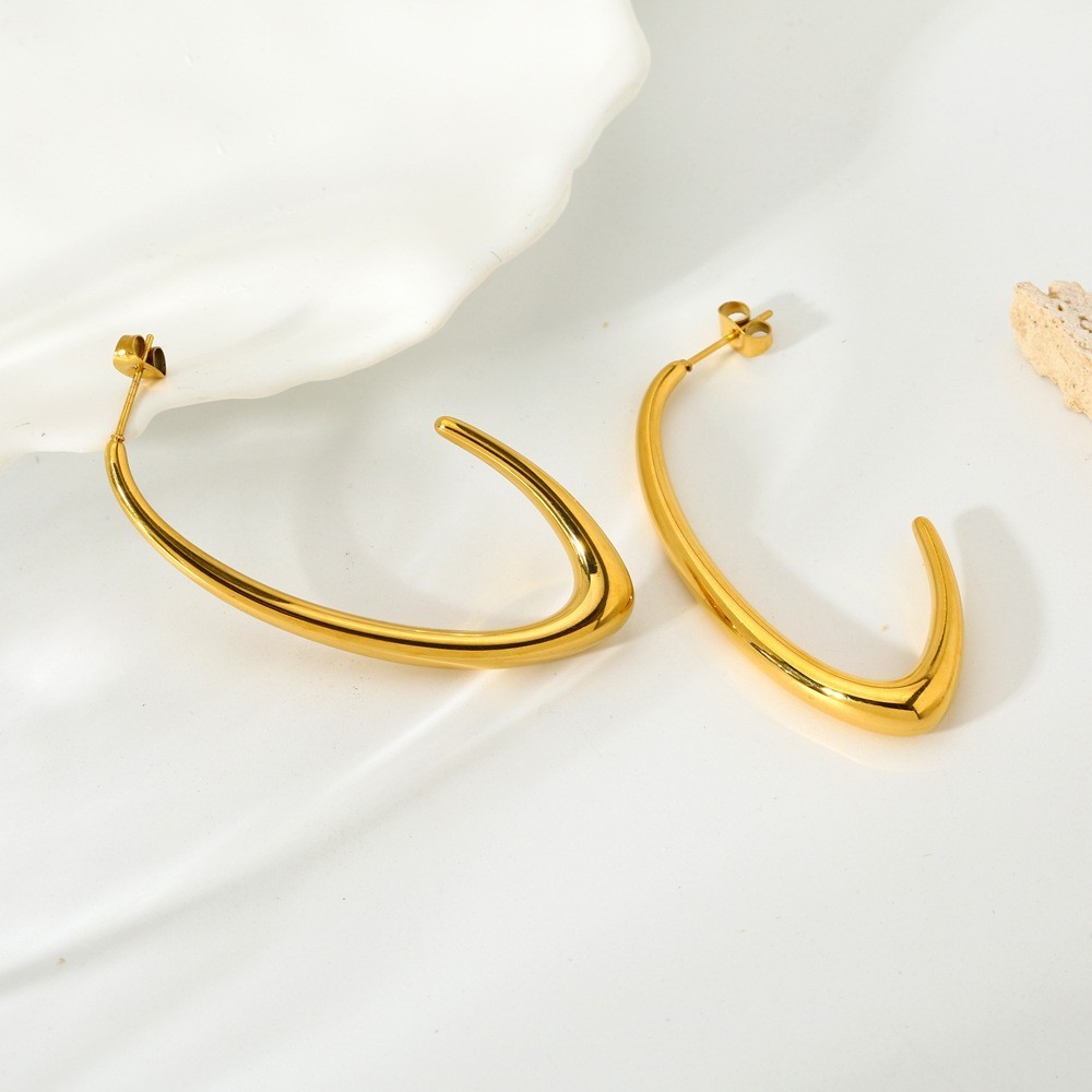 Fashionable Waterproof Stainless Steel C-Shaped Minimalist Hoops Earrings Versatile 18K Gold Plated Geometric Pattern Women's Jewelry