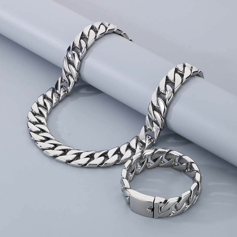 Polished Titanium Steel Bracelet Cuban Chain Necklace Men's High Quality Vacuum Electroplating Jewelry Accessories