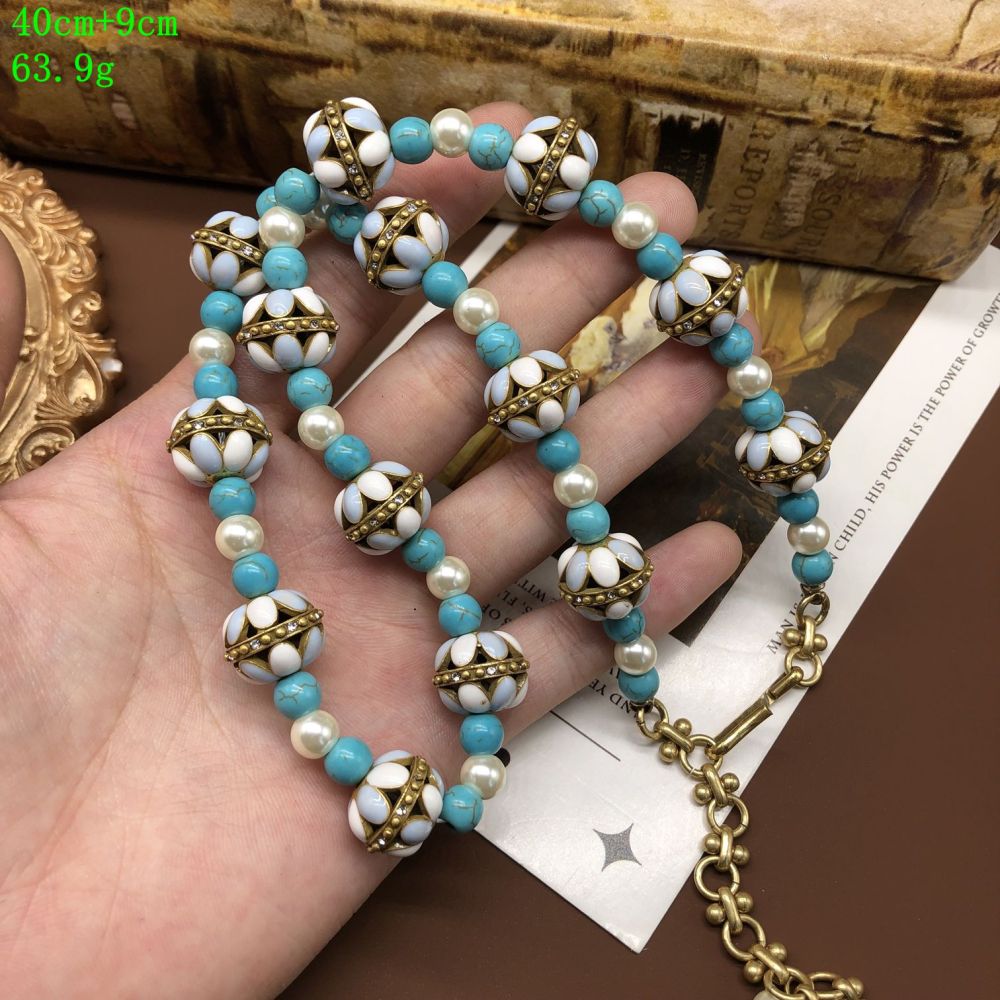 Elegant Green Turquoise Pearl Beaded Necklace And Earring Set Copper Material Women's Fashion Accessories Handmade Romantic