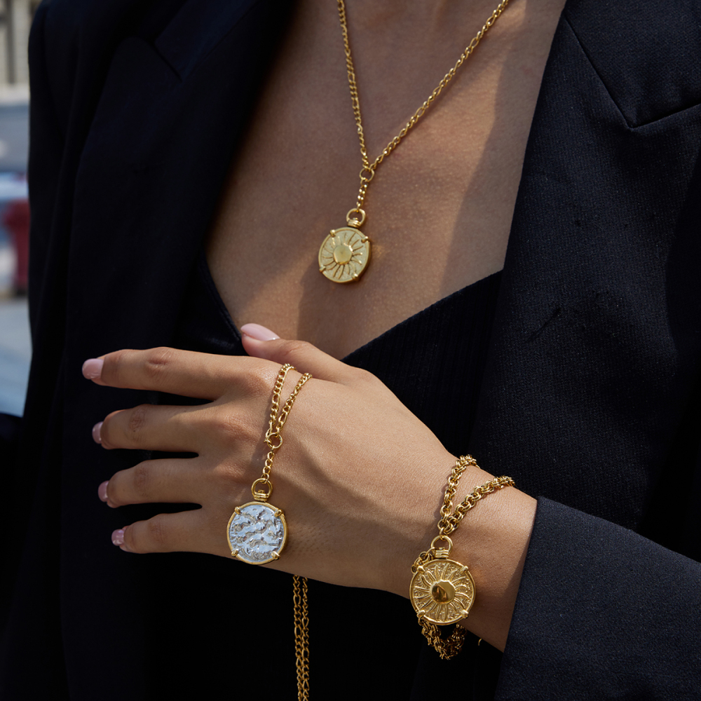 Designer Ladies Classic Style Coin Pendant Stainless Steel Gold And Silver Double Chain Bracelet 18K Gold Plated 18+5cm