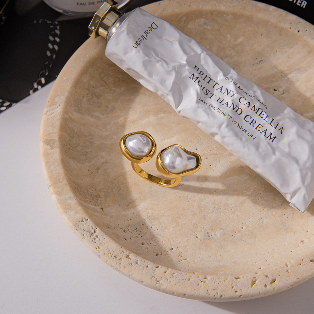 304 Stainless Steel Resin Pearl Asymmetrical PVD Coated Pearl 18K Real Gold Plated Rings
