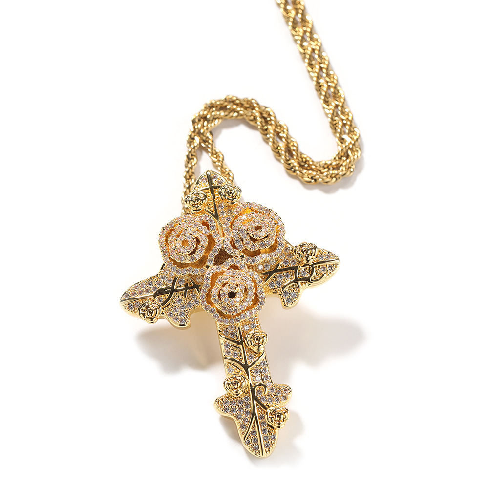 Fashion Style Rose Cross Zircon Pendant Twisted Chain Necklace Unisex Couple Accessories Geometric Pattern Copper Material