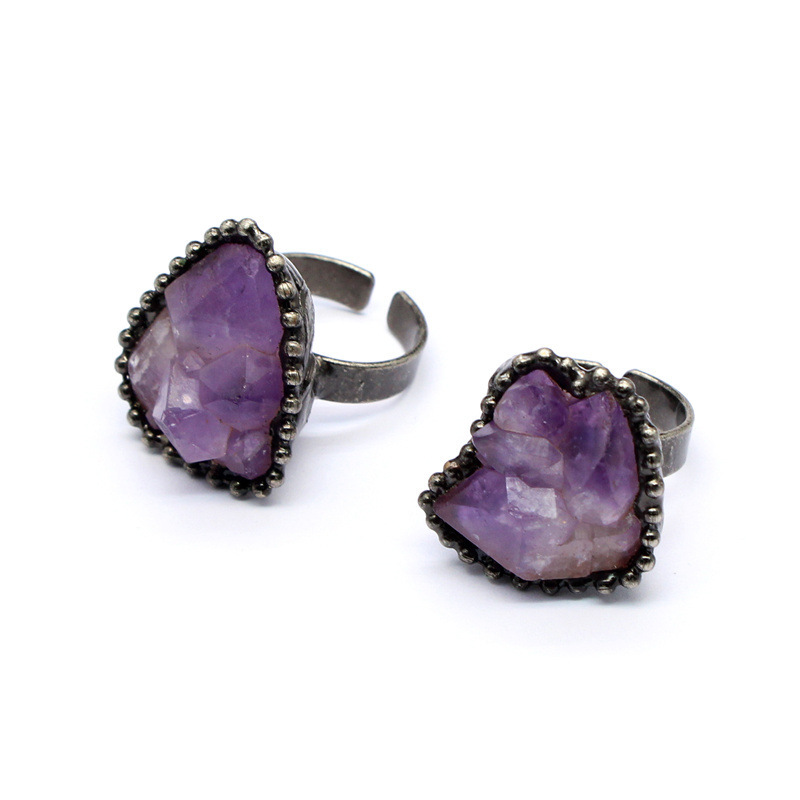 Natural Crystal Flower Ring Open Unshaped Raw Stone Ring Vintage Style Jewelry Crystal Accessories Fashionable Handmade Ring