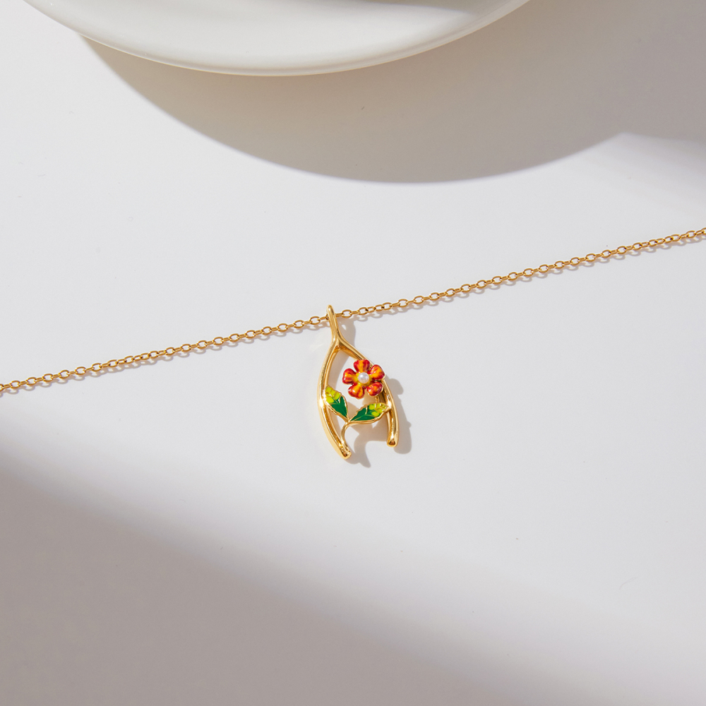 Women's Classic Style 18K Gold Stainless Steel + Shell Pearl + Oil Drop / Shell Pearl Oil Drop Flower Thanksgiving Lucky Wish Bone Y-shaped Pendant Necklace 45+5CM