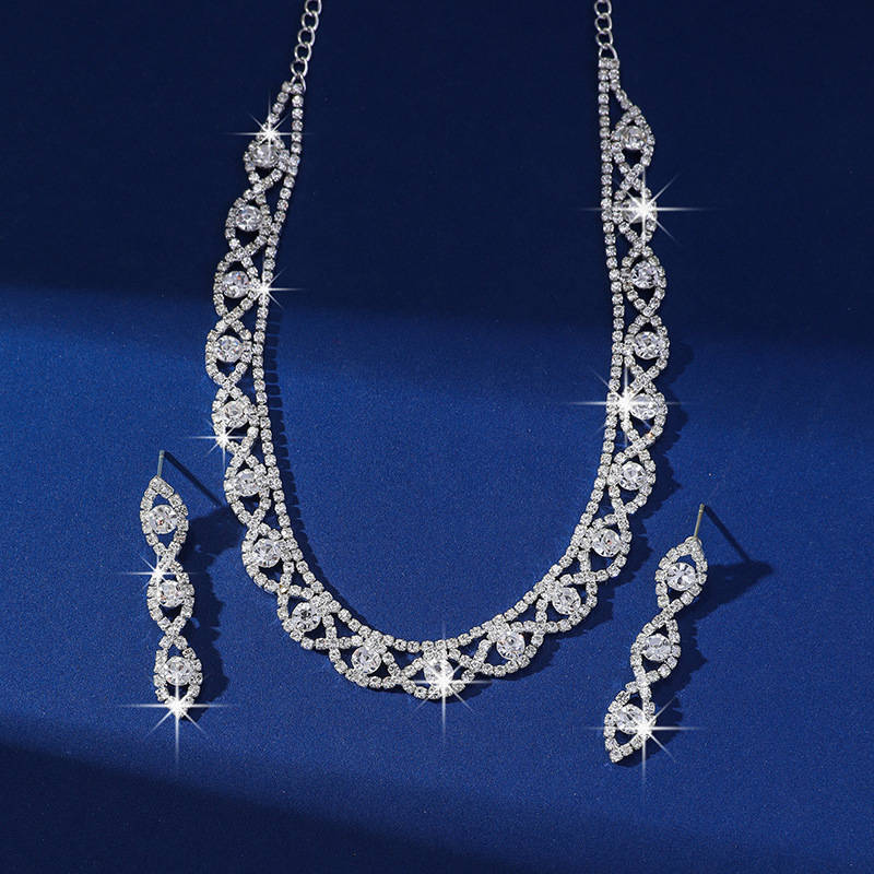 Simple Full Diamond Claw Chain Necklace And Earrings Set Bridal Wedding Accessories Multifunctional Titanium Steel Star