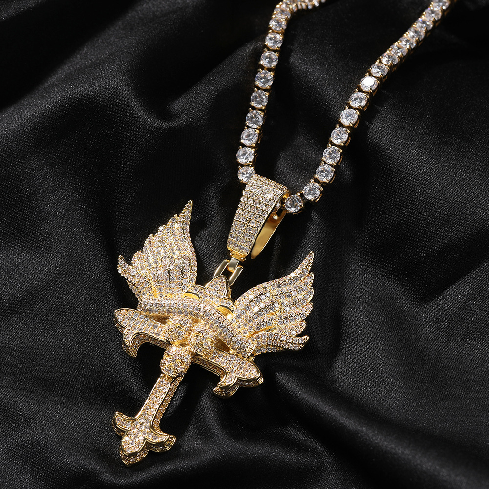 Creative Angel Wing Cross Necklace Couple Sweater Chain Hip Hop Style Geometric Pattern Copper Jewelry Accessories For Men And Women