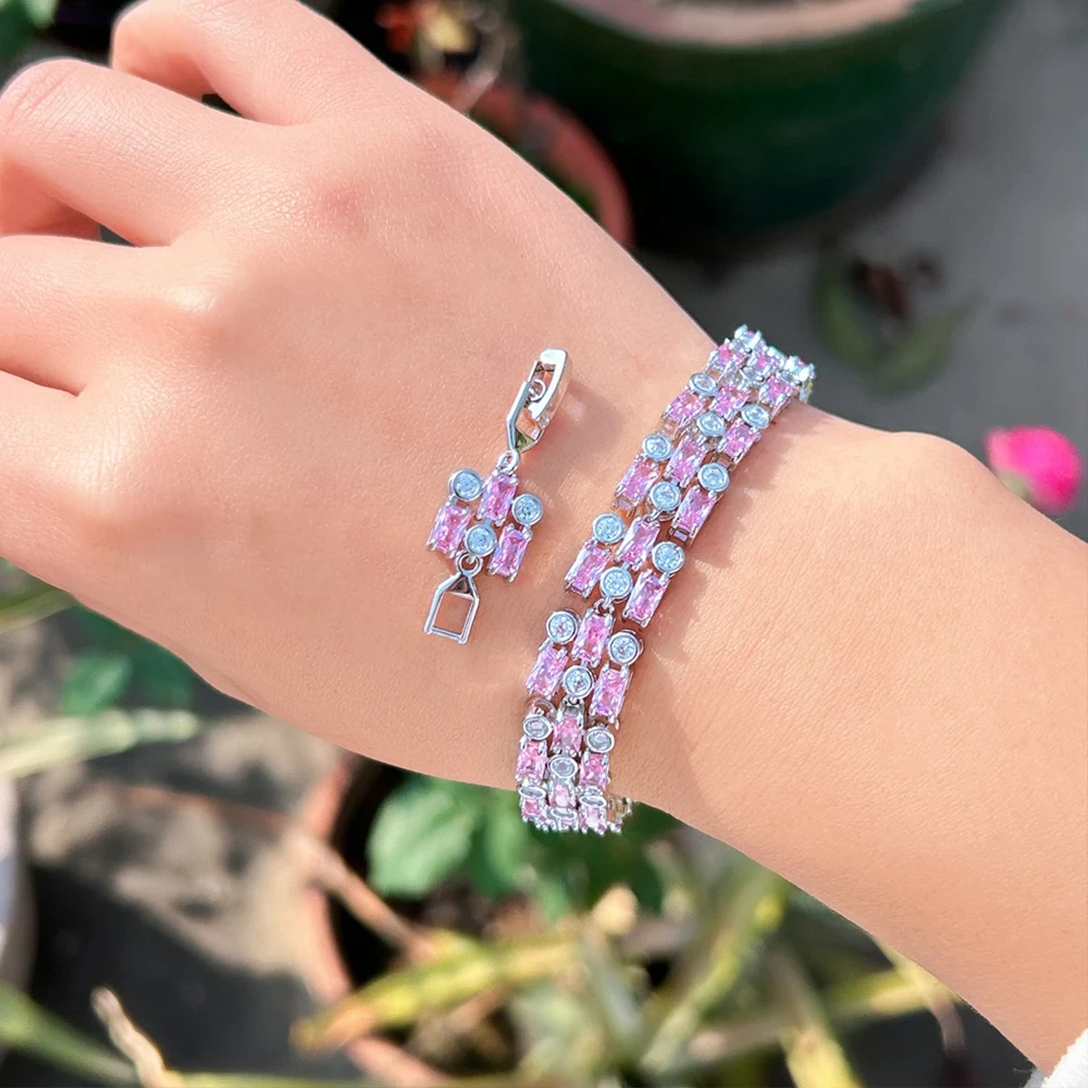 Geometric Shiny Pink Cubic Zirconia Big Wide Bracelets Bangles For Women Wedding Engagement Jewelry Accessories