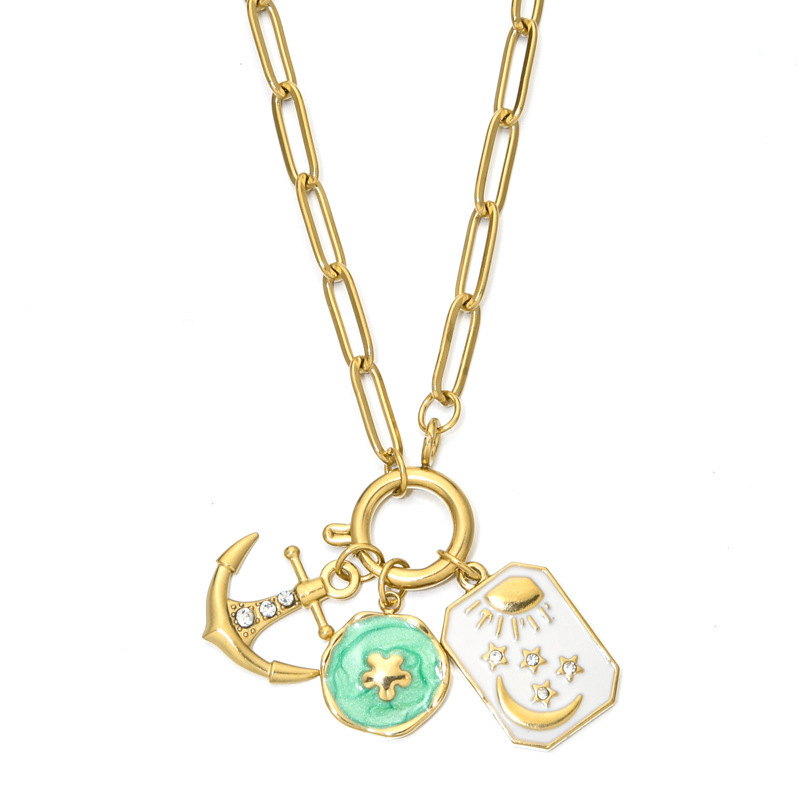 Stainless Steel Spring Buckle Necklace Star Moon Heart Pendant DIY Accessories Geometric Pattern Simple Style For Women