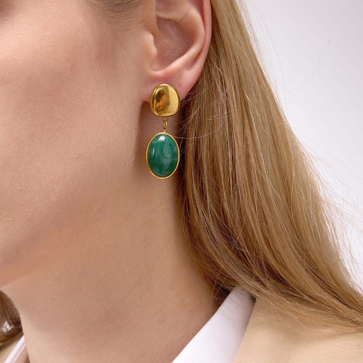 Women's Style - Vintage Style / 18K Gold Stainless Steel + Resin / Green Oval Egg-shaped Resin Pendant Earrings Pair