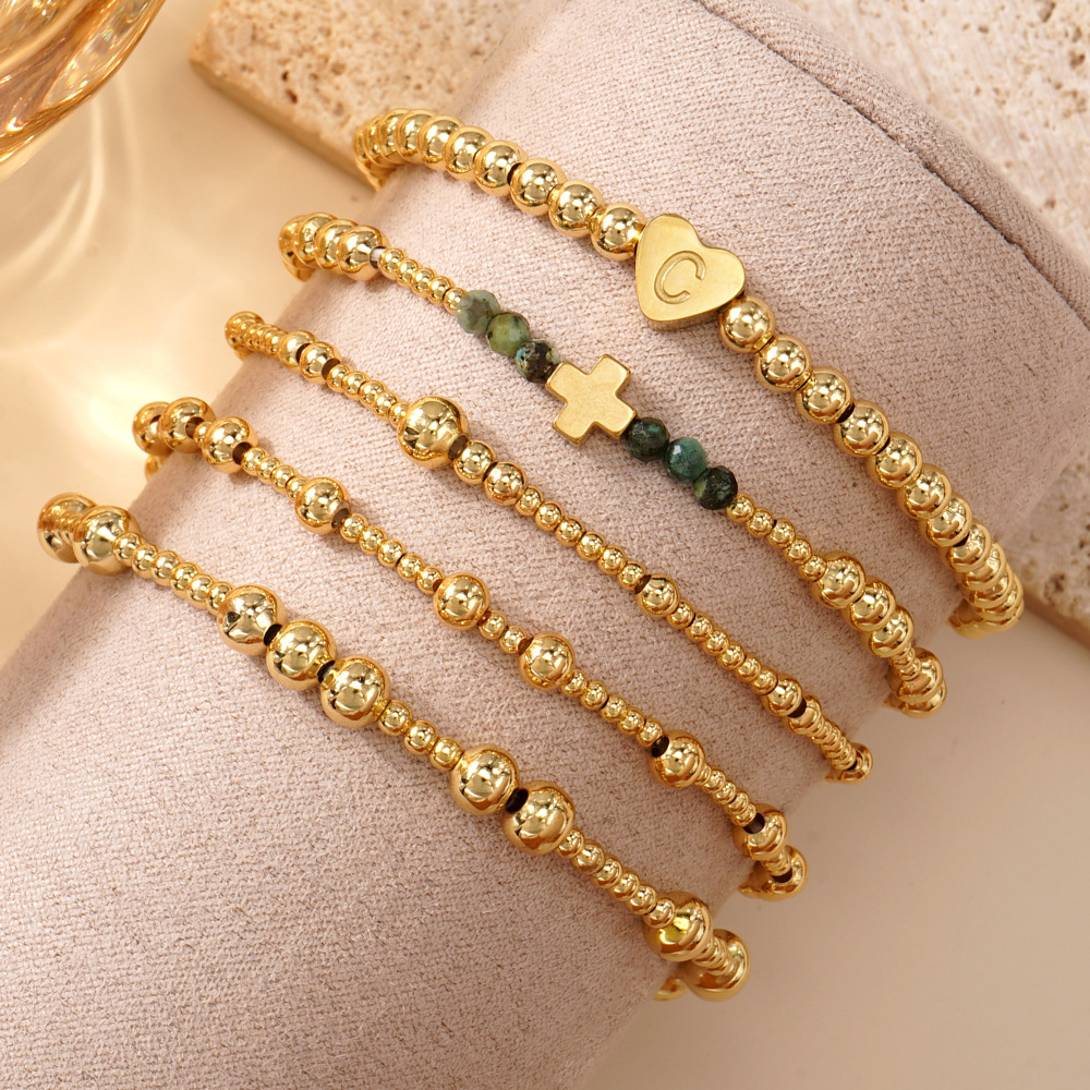 Luxurious Golden Heart Letter African Copper Beads Bracelet Set Of Five Facet Cut Loose Women's Fashion Jewelry Accessories