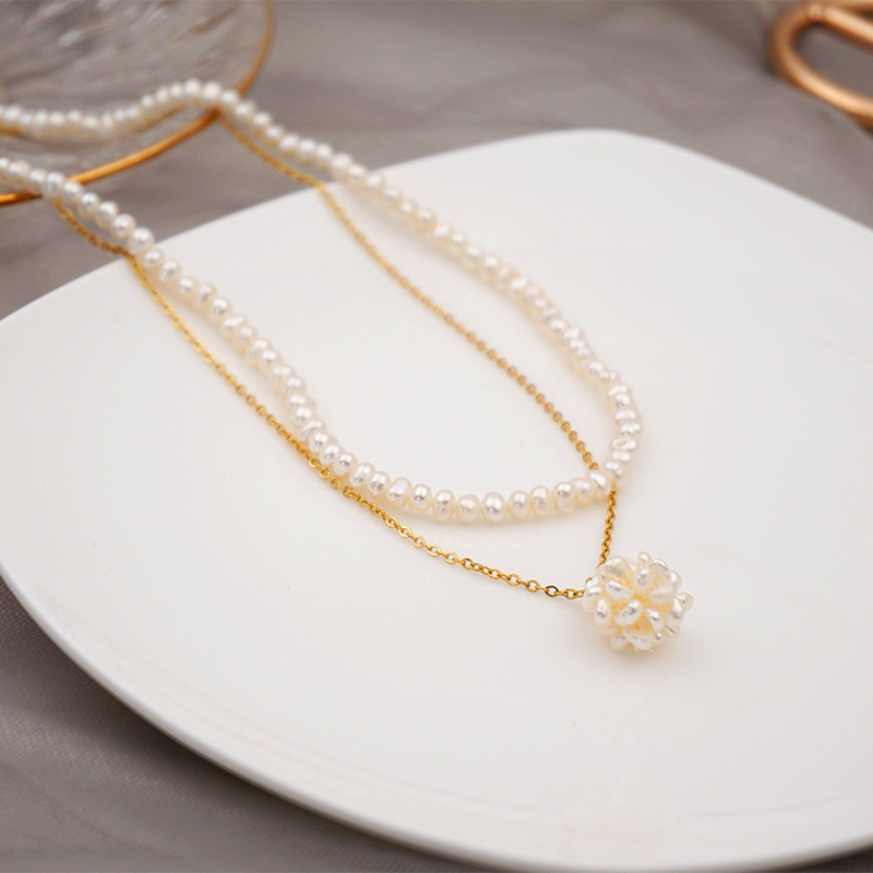 Two-layer Freshwater Pearl Necklace Simple Pearl Ball Collarbone Chain Vintage Accessories Geometric Wedding Jewelry Suitable For Women