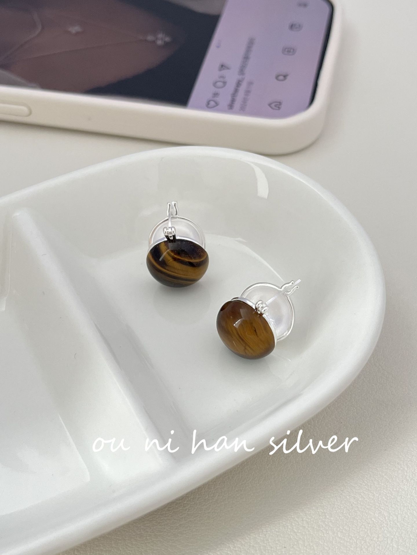 Eoni New Heavy Industry S925 Pure Silver Agate Tiger Eye White Opal Ear Cuffs Women Elegant High-End Feelings Geometric Pattern Cat's Eye Stone Inlaid Silver Earrings