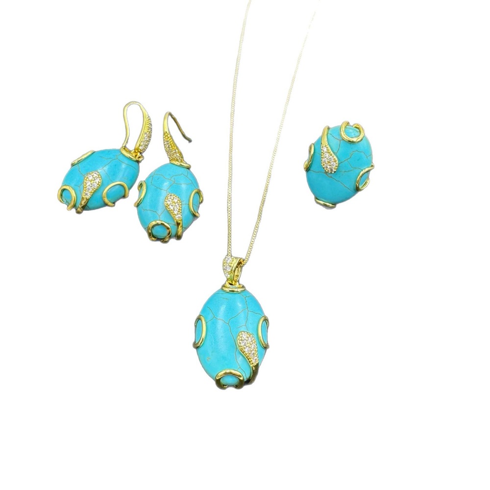 Handmade Turquoise Leaf Embedded Jewelry Set Ethnic Style Necklace Unique Small Audience Accessories Live Broadcast Three-piece Set