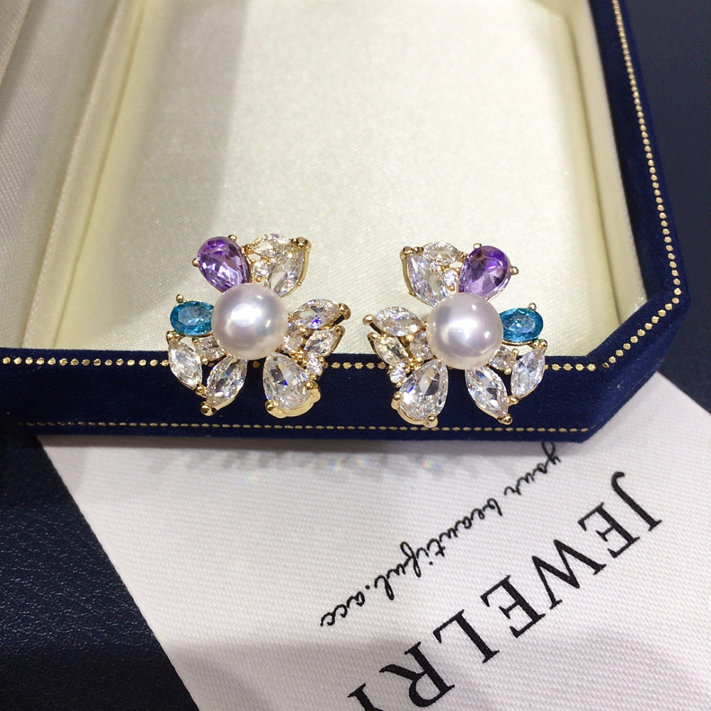 Natural Freshwater Pearl Earrings Women's Colorful Crystal Zircon Flower Pearl Studs Elegant Jewelry Accessories