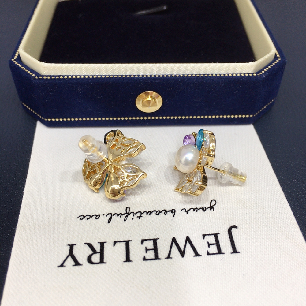 Natural Freshwater Pearl Earrings Women's Colorful Crystal Zircon Flower Pearl Studs Elegant Jewelry Accessories
